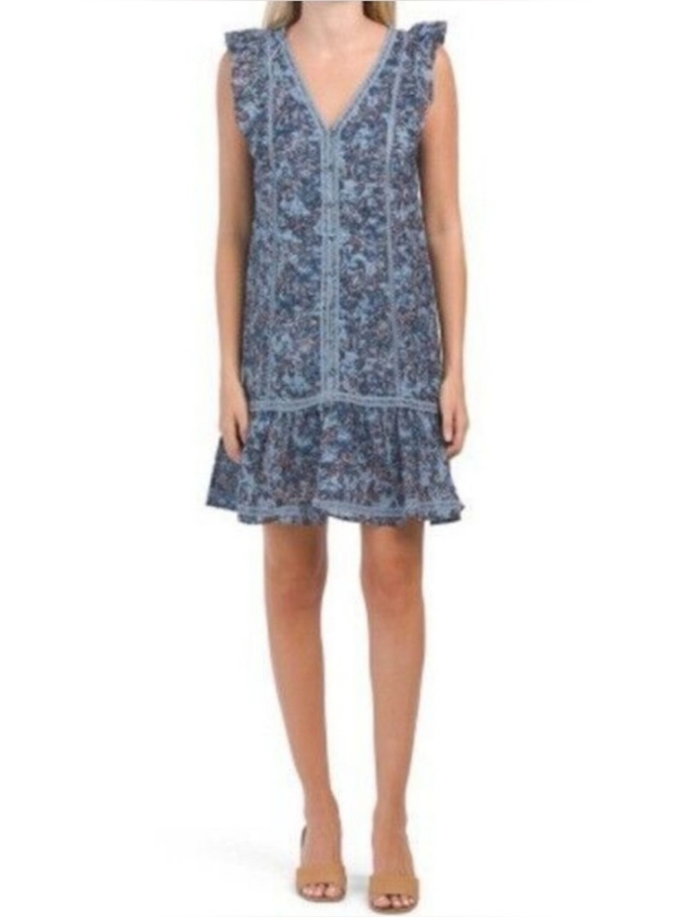 Lucky Brand women’s blue floral ruffle dress. Size Large